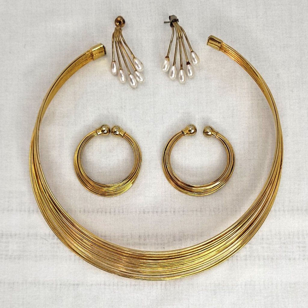 Vintage Wire Choker & Earring Set Gold Pearl Mcm Classic